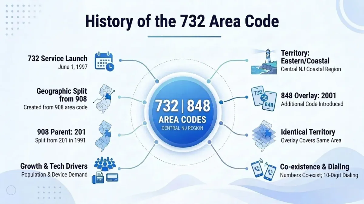 History of the 732 area code — service launch in 1997, split from 908, and the 848 overlay