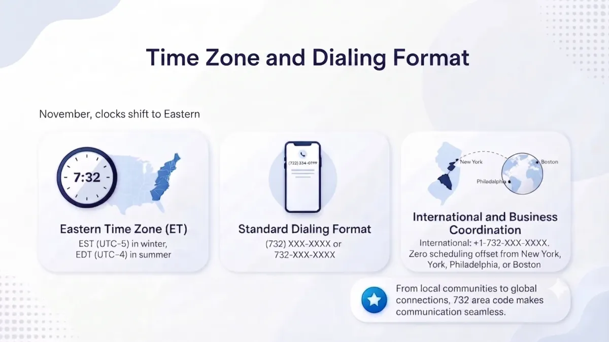 Time zone and dialing format for the 732 area code — Eastern Time and 10-digit dialing