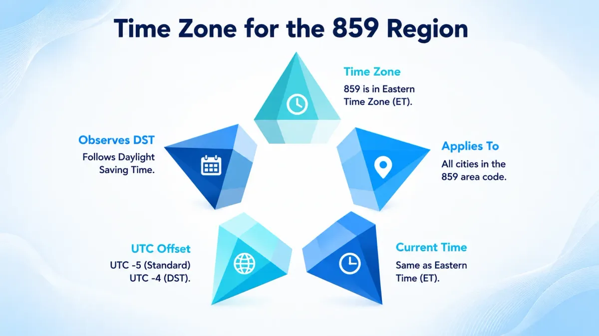 Time zone for the 859 area code region — Eastern Standard Time and Eastern Daylight Time
